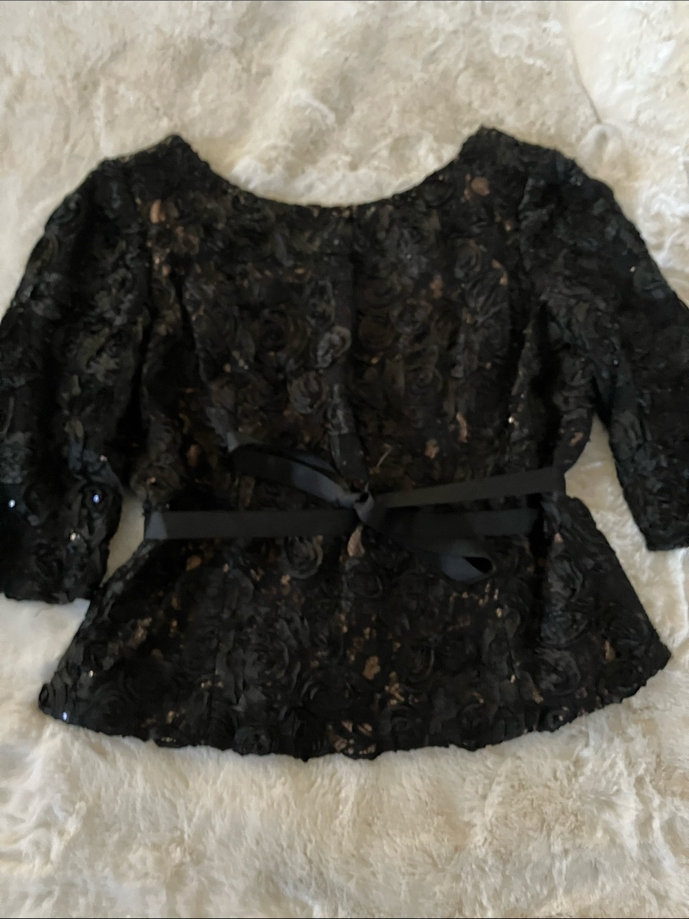 Alex Evenings Black Floral Lace Evening Top with Ribbon Tie